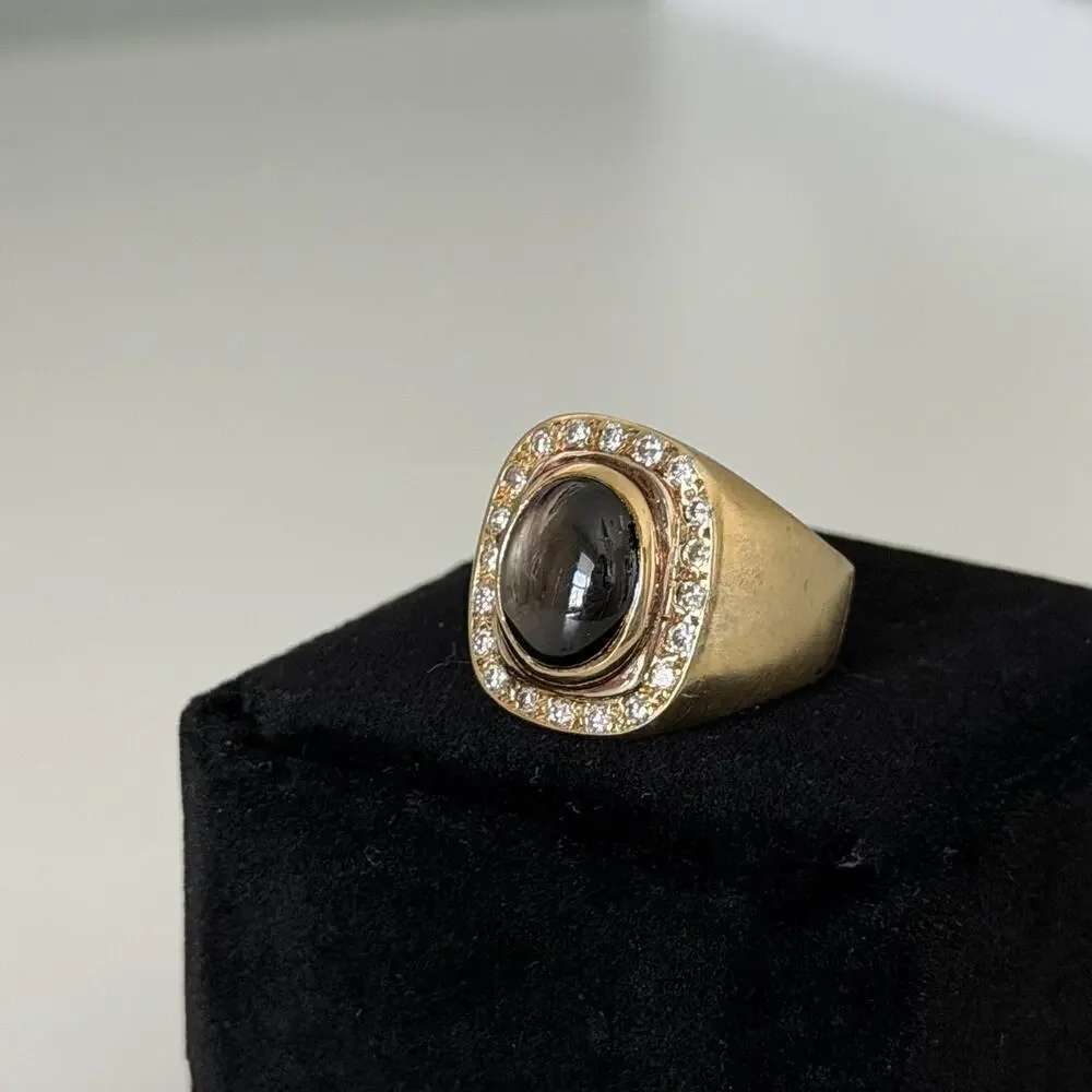 Vintage 14K Yellow Gold West Germany Smoky Cabochon Diamond Chunky Ring Sz 7.25